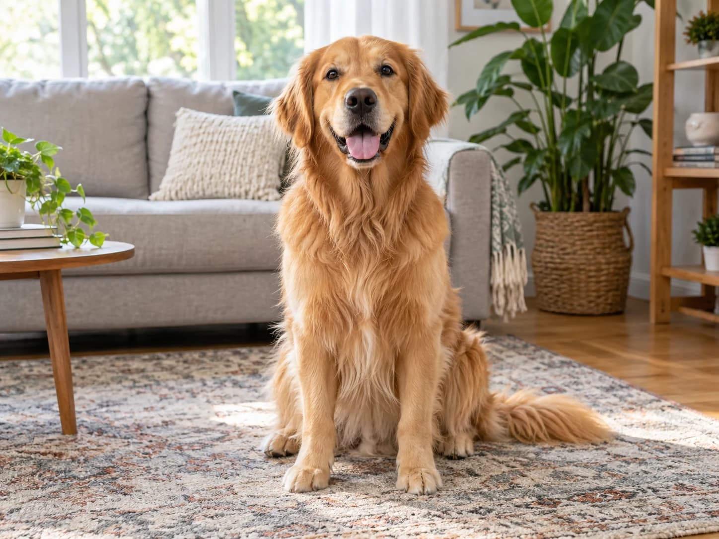 Golden dog sitting in a living room