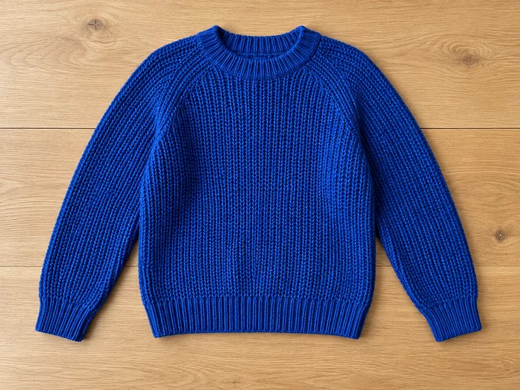 Blue knit sweater photographed on a wooden tabletop