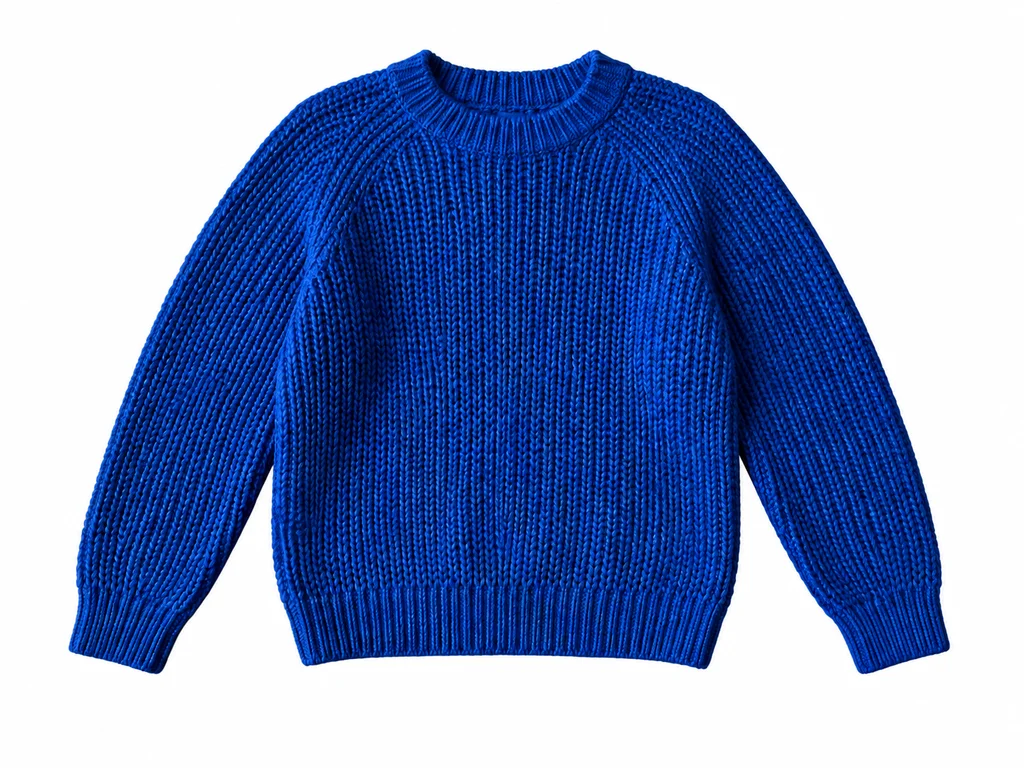 Derselbe blaue Pullover ohne den Holzhintergrund