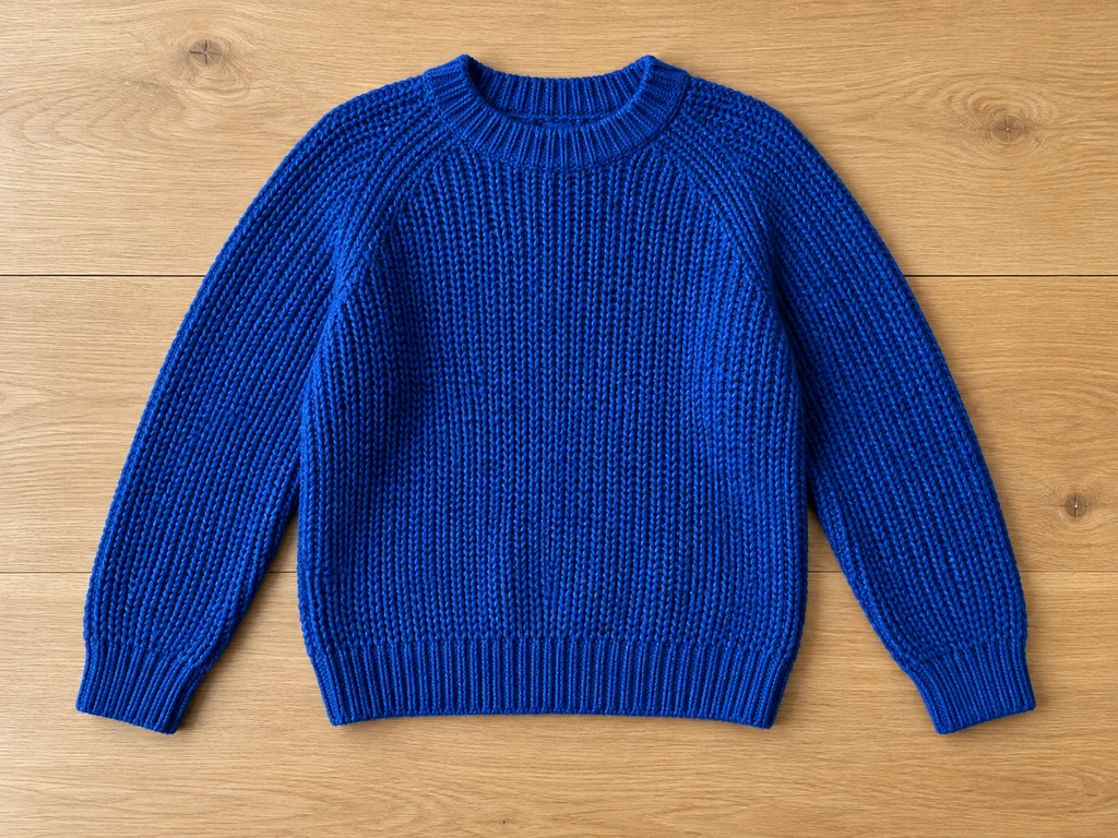 Blauer Strickpullover auf einer Holztischplatte