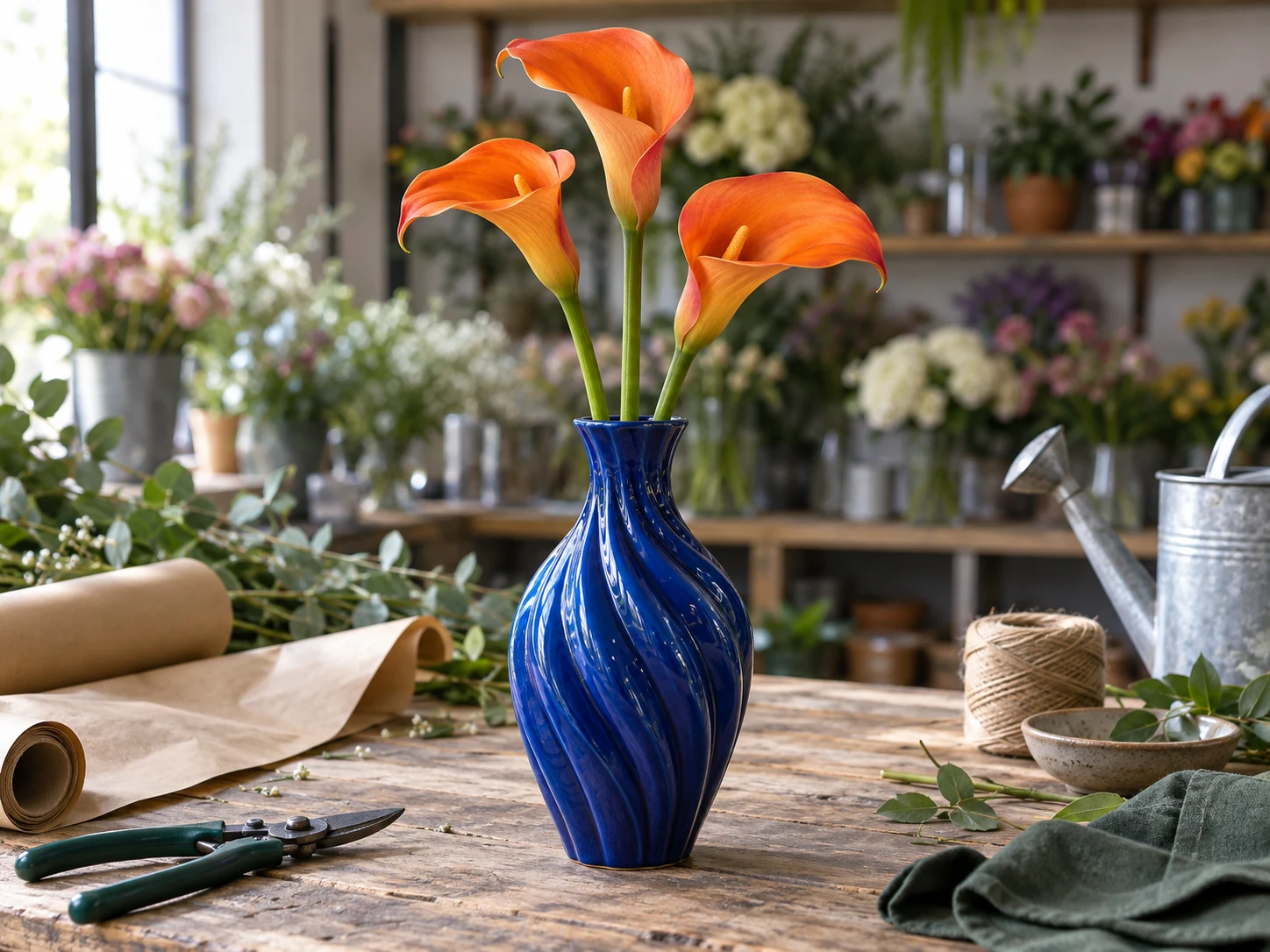 Blaue Vase mit orangefarbenen Blumen auf einer Floristenwerkbank