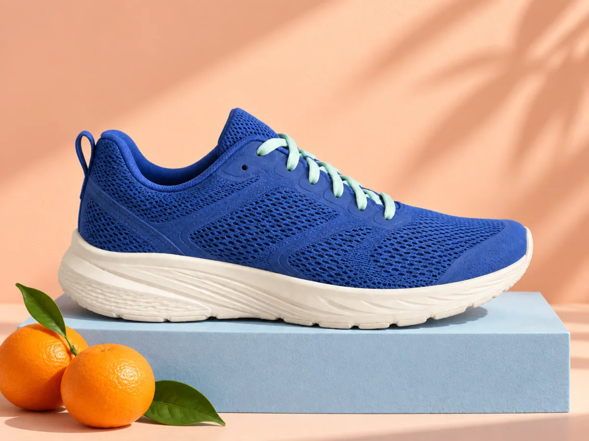 The same blue sneaker on a pastel product photography set