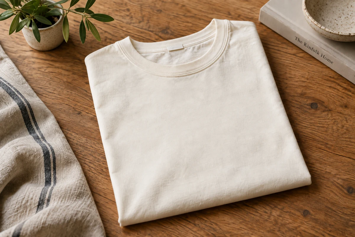 A folded cream cotton T-shirt on an oak table, after editing
