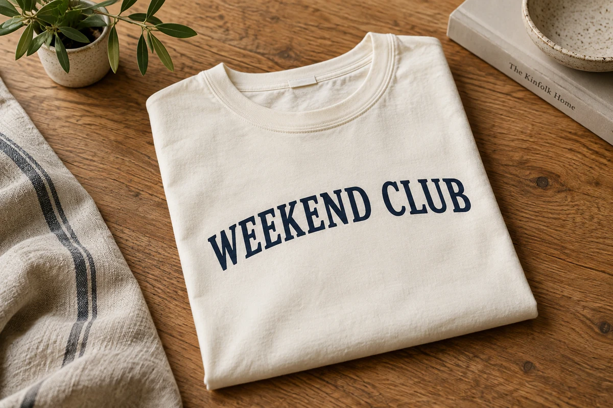 A folded cream cotton T-shirt on an oak table, before editing