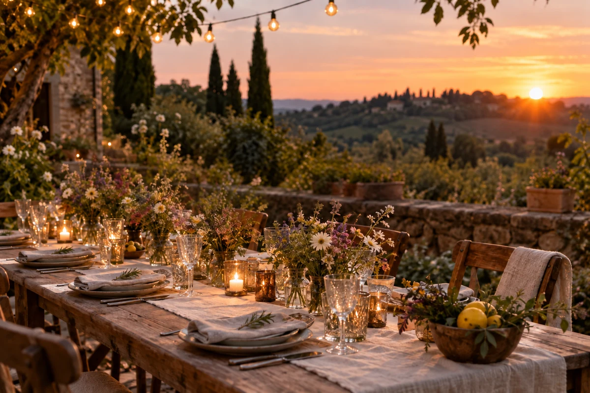 A garden dinner table with wildflowers and string lights, after editing