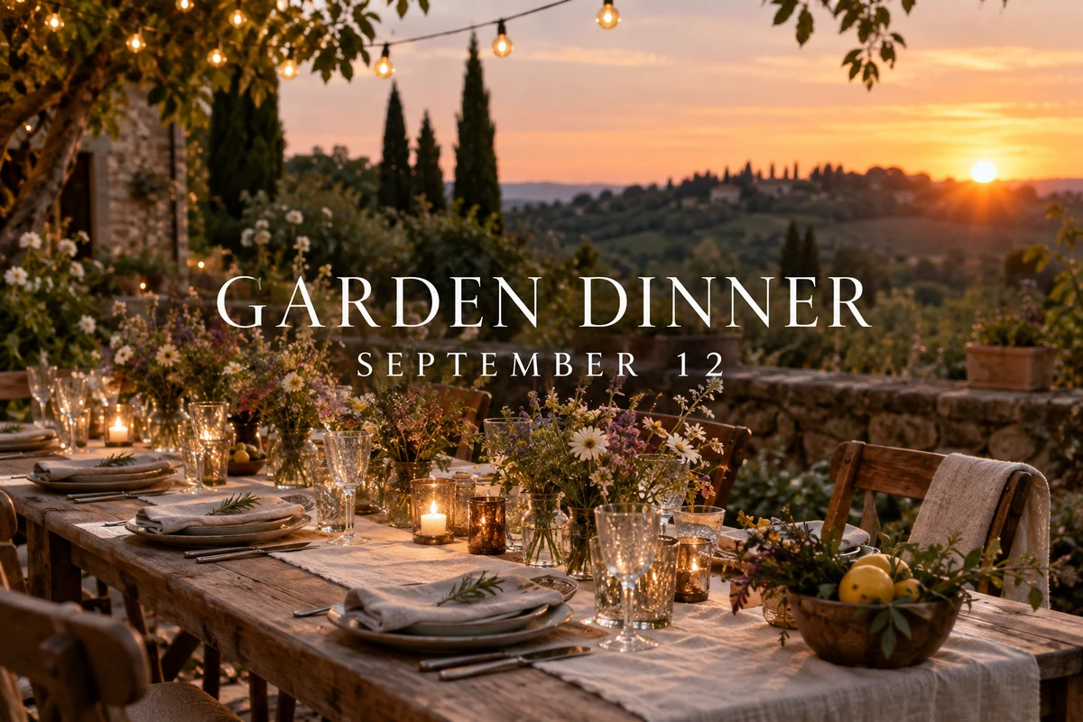 A garden dinner table with wildflowers and string lights, before editing