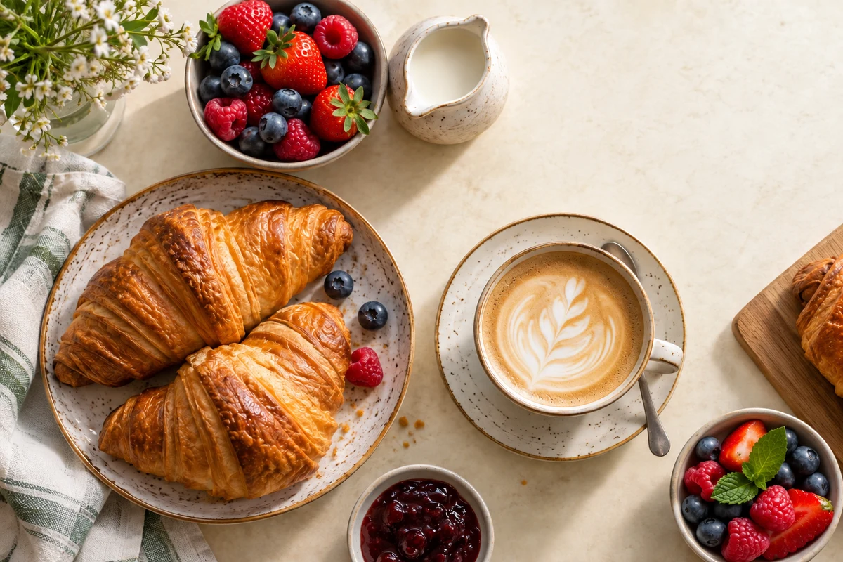 Croissants, coffee and berries on a cream tabletop, after editing