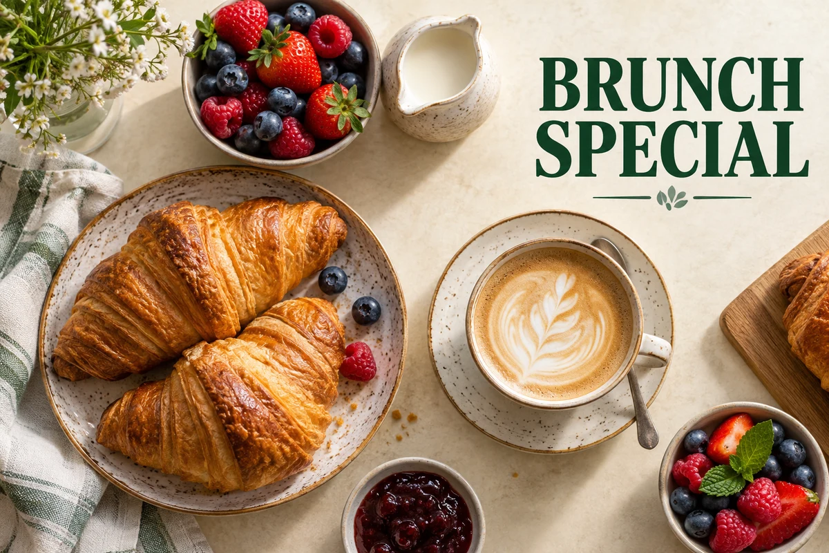 Croissants, coffee and berries on a cream tabletop, before editing