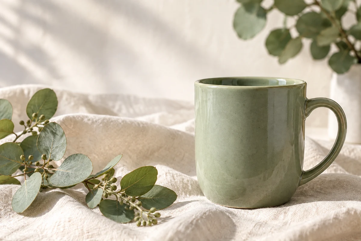 A sage green ceramic mug on cream linen, after editing