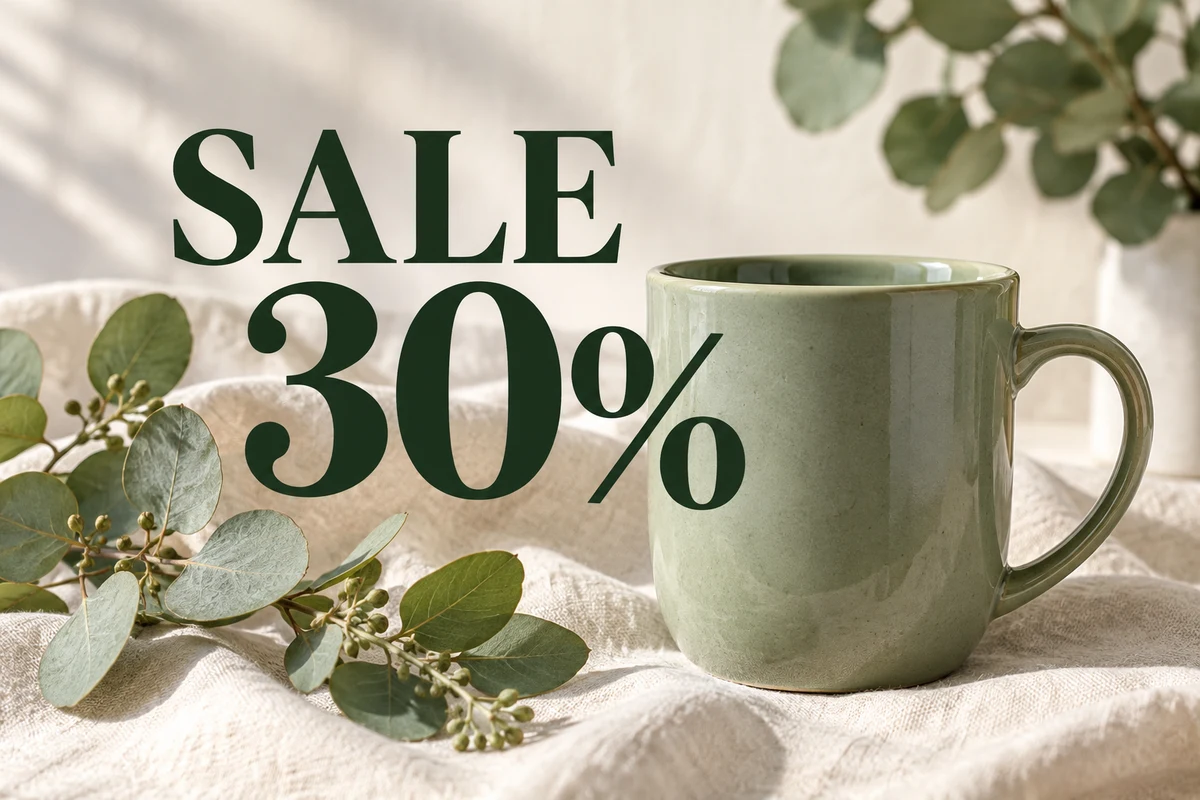 A sage green ceramic mug on cream linen, before editing
