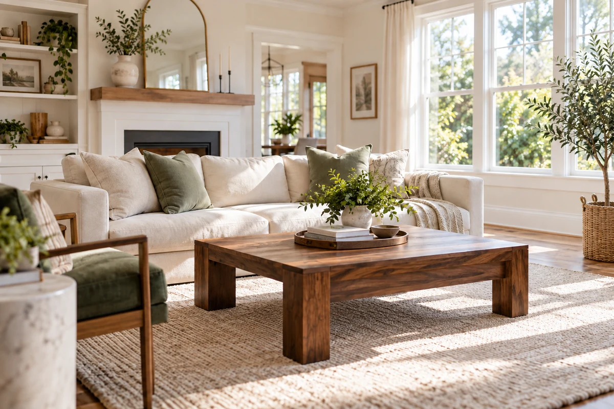 A bright living room with a cream sofa and walnut table, after editing