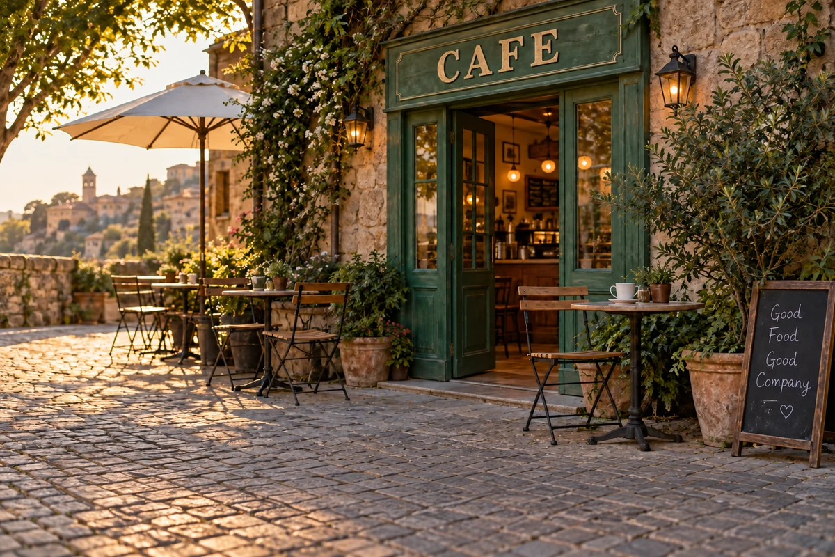 A green cafe storefront with a physical CAFE sign, after editing