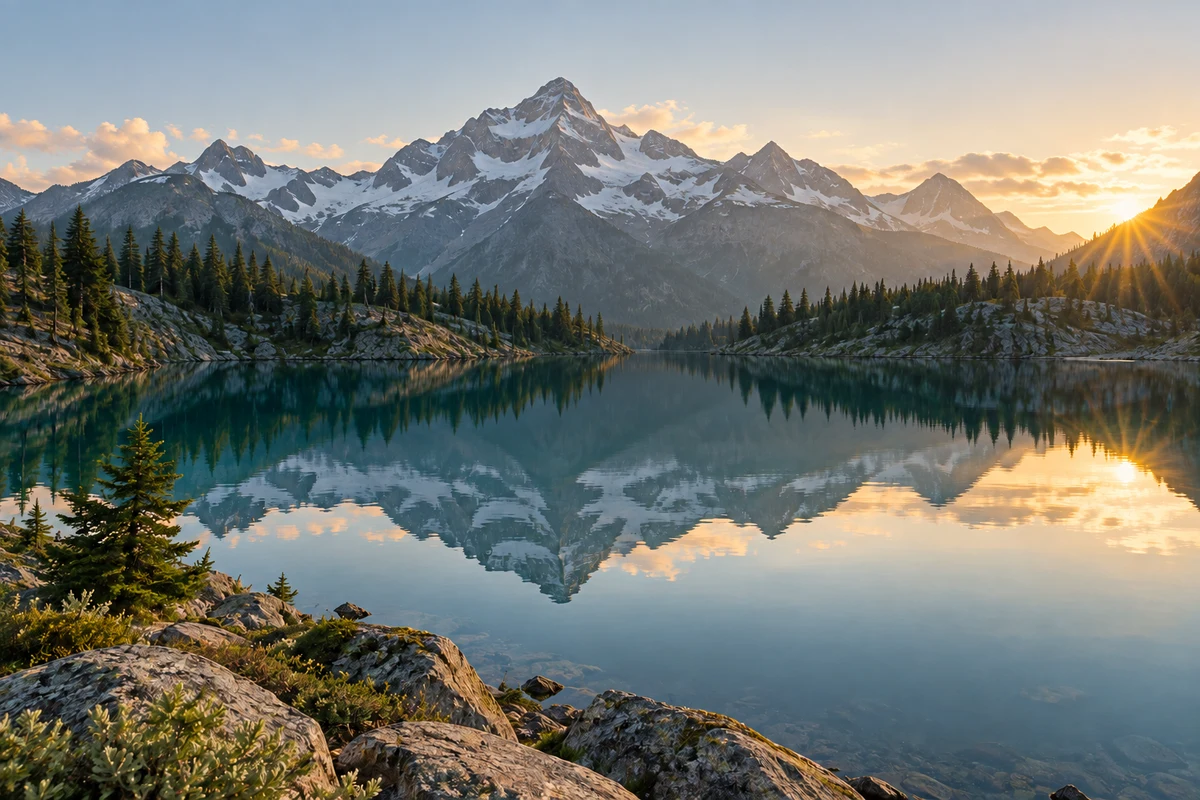 An alpine lake reflecting mountains at sunrise, after editing