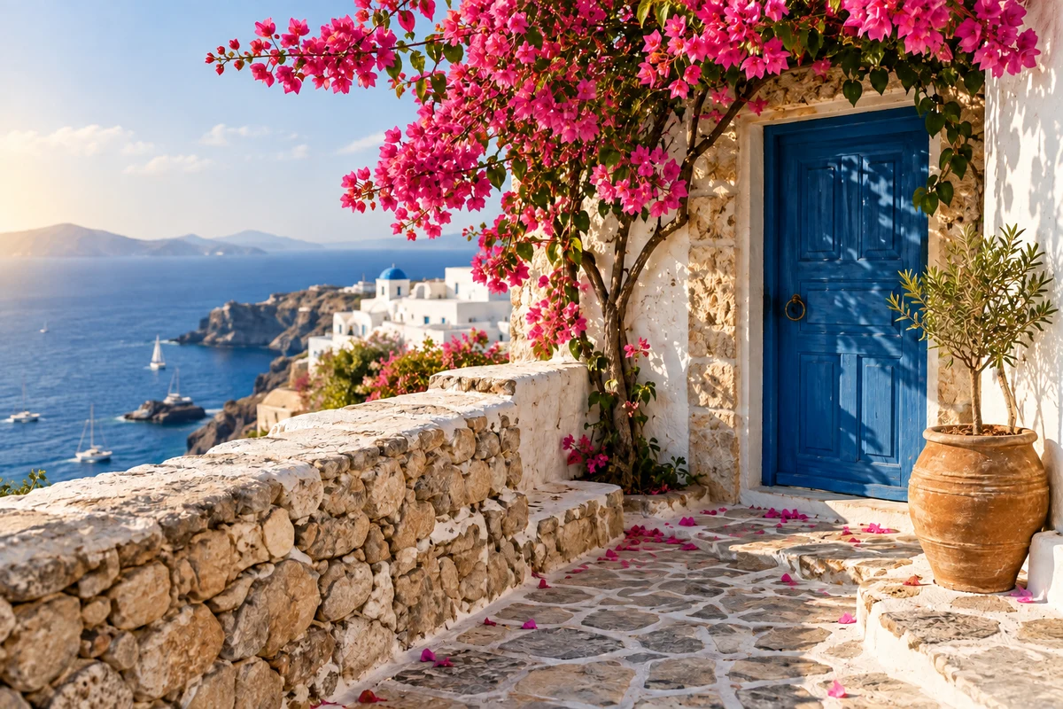 A blue doorway and bougainvillea overlooking the sea, after editing