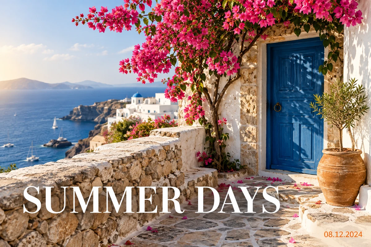 A blue doorway and bougainvillea overlooking the sea, before editing