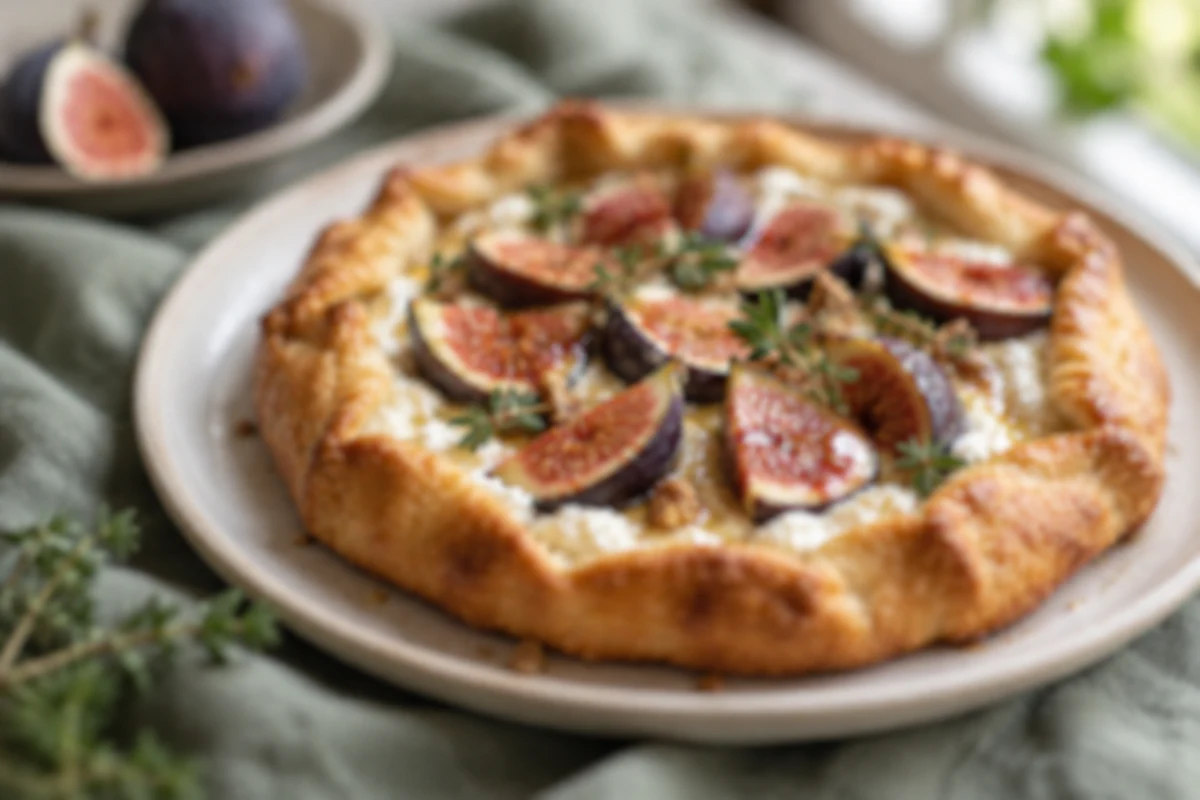 A fig and ricotta tart on a ceramic plate, before editing