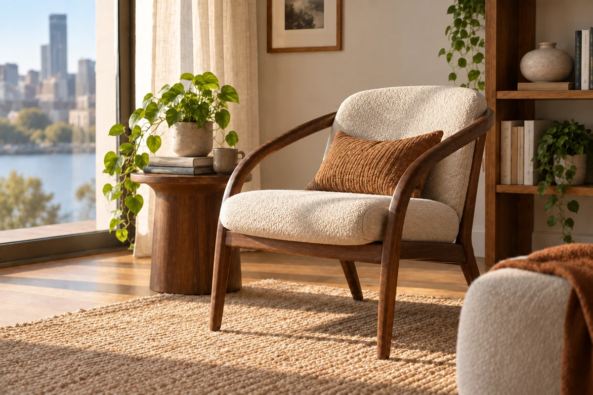 A walnut reading chair beside a sunlit window, after editing