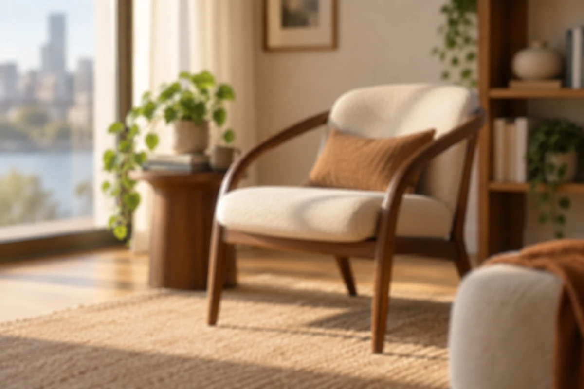 A walnut reading chair beside a sunlit window, before editing