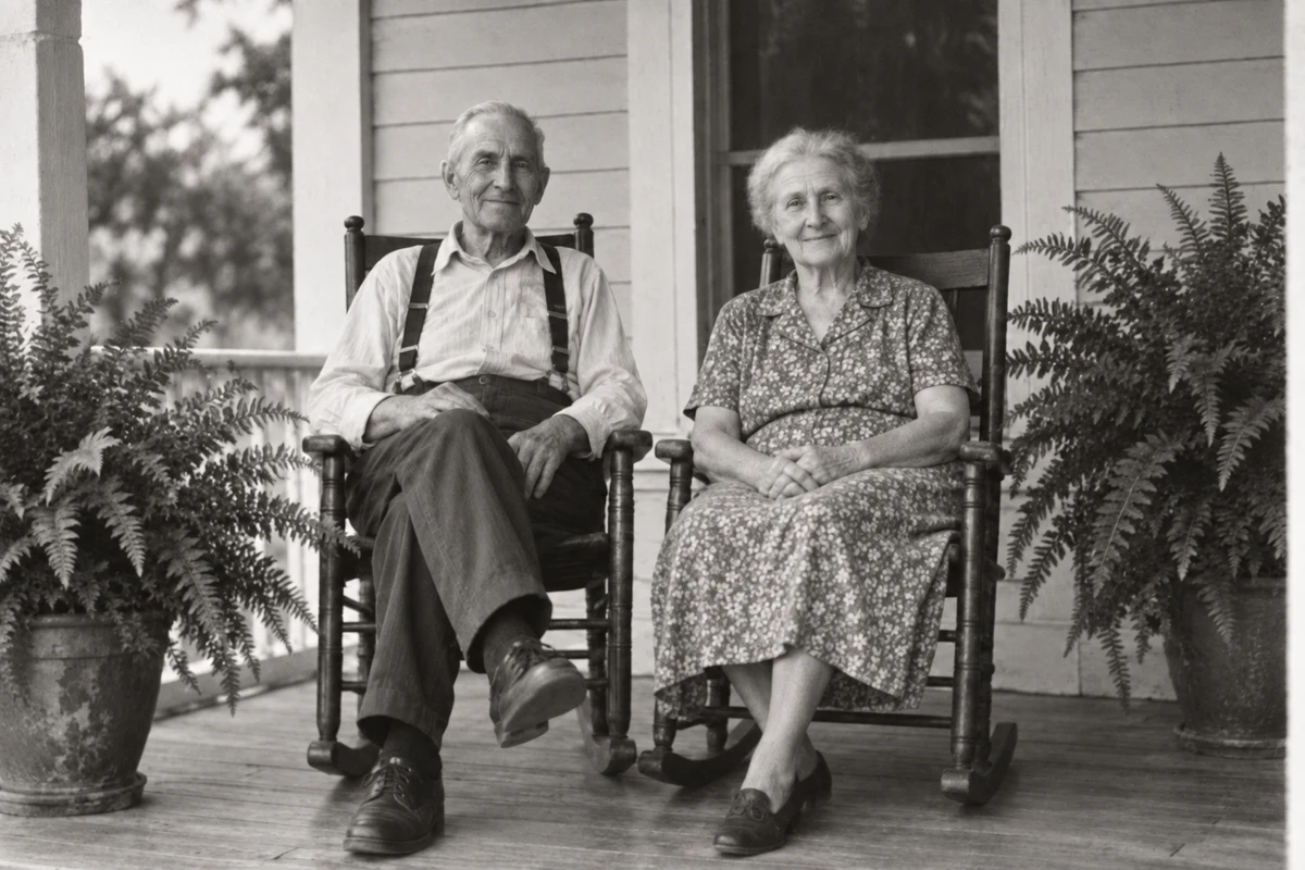 A black-and-white photograph of an older couple on a porch, after editing