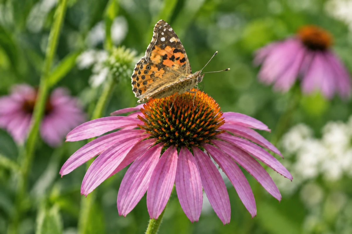 An orange butterfly resting on a purple coneflower, after editing