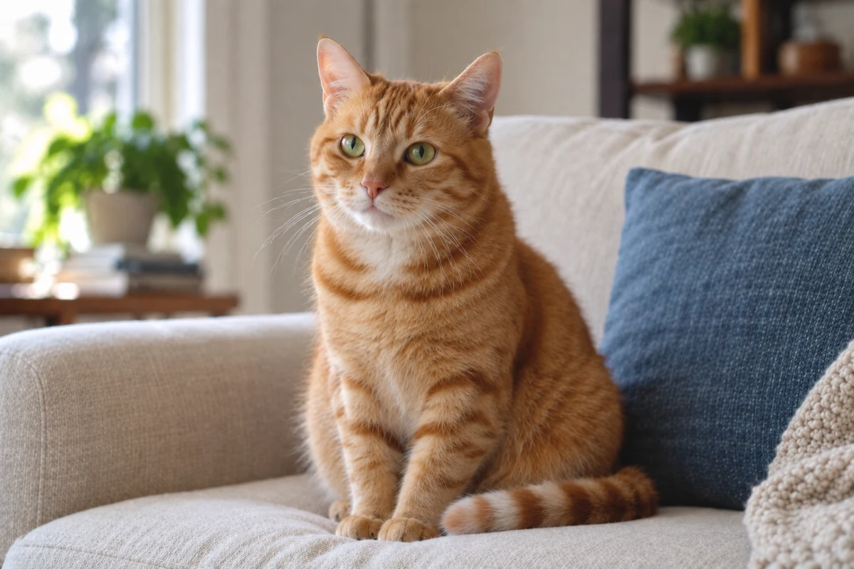 A ginger cat sitting on a cream sofa, after editing
