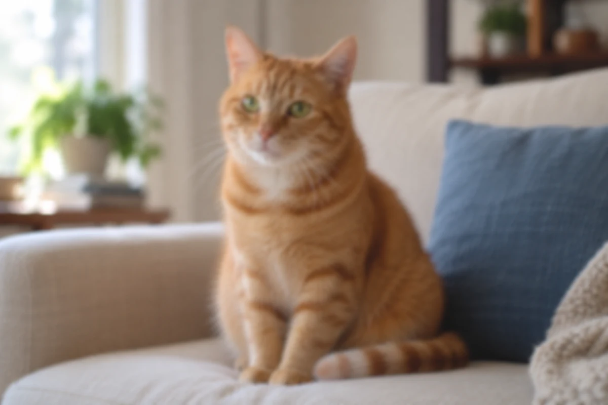 A ginger cat sitting on a cream sofa, before editing