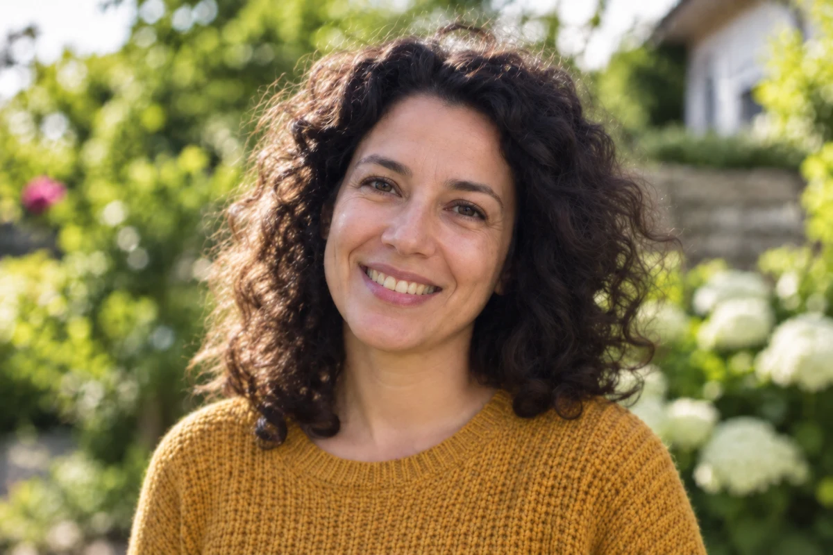 A curly-haired woman in an ochre sweater outdoors, after editing