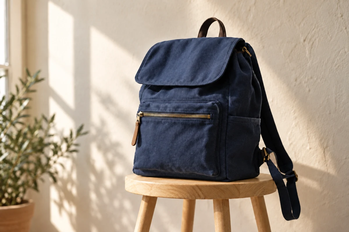 A navy canvas backpack on an oak stool, after editing