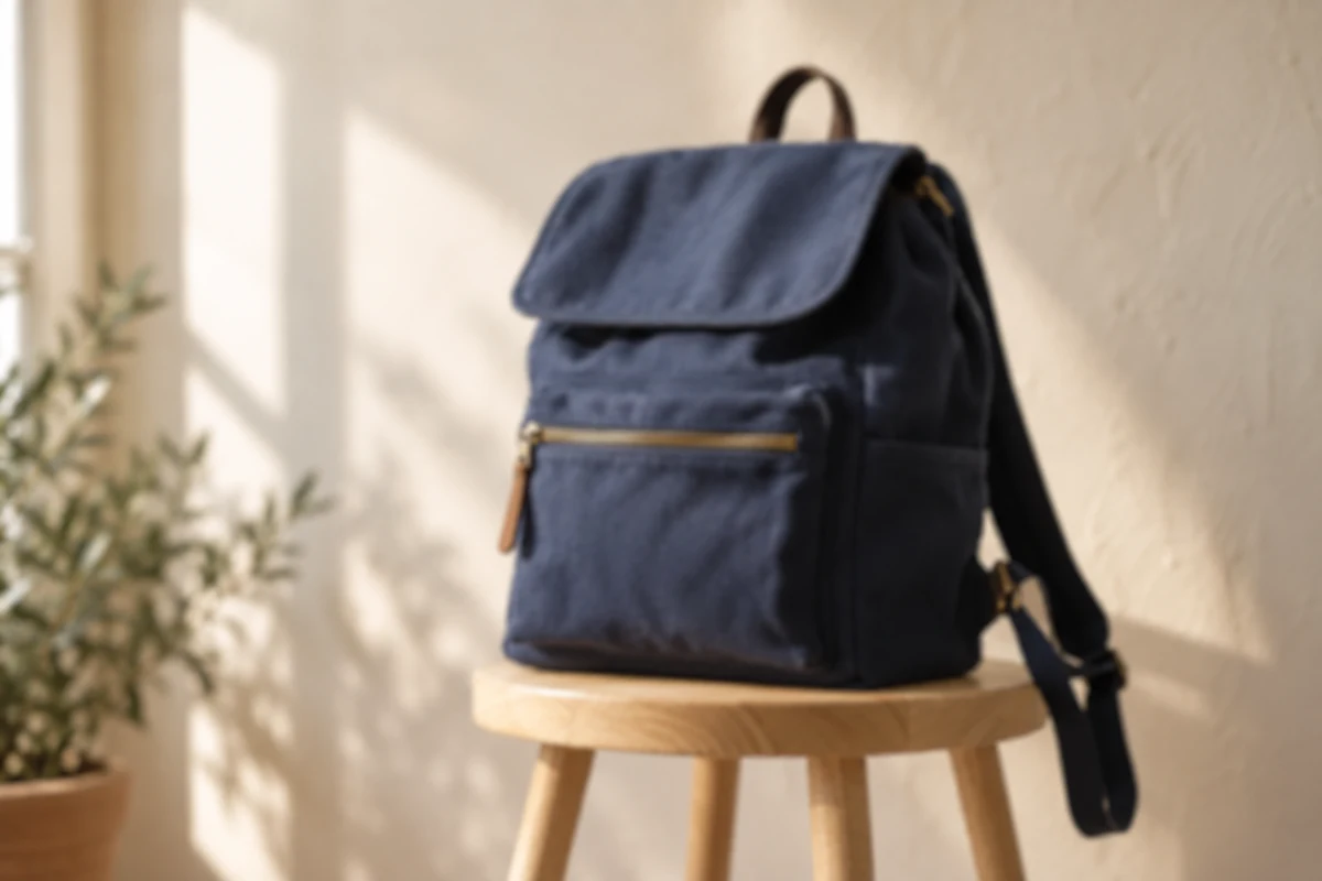 A navy canvas backpack on an oak stool, before editing