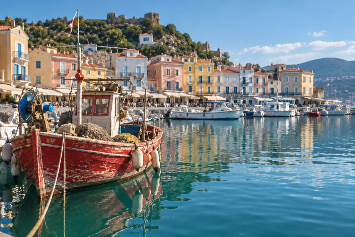 A red fishing boat in a colorful coastal harbor, after editing
