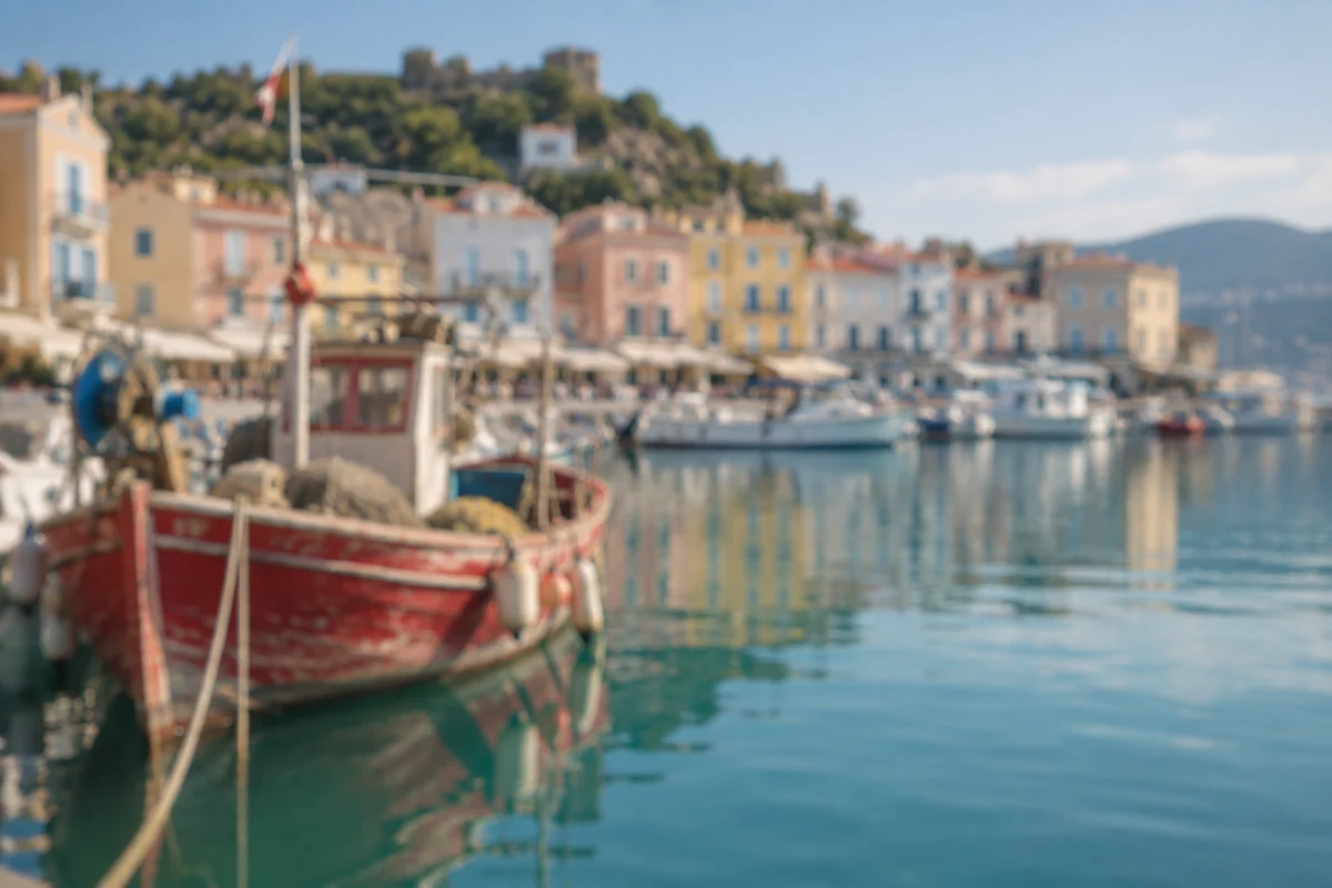 A red fishing boat in a colorful coastal harbor, before editing
