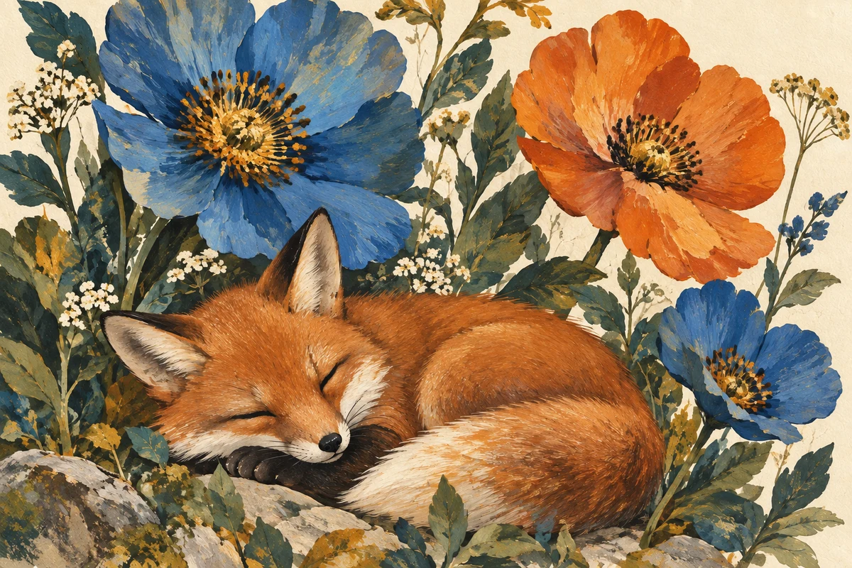 A gouache illustration of a sleeping red fox among blue and orange flowers, after removing the watermark