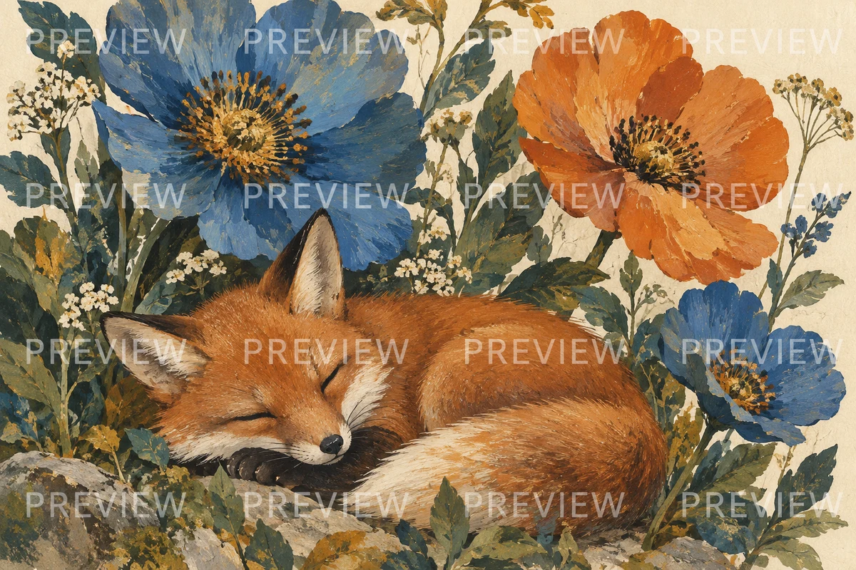 A gouache illustration of a sleeping red fox among blue and orange flowers, with an overlaid watermark