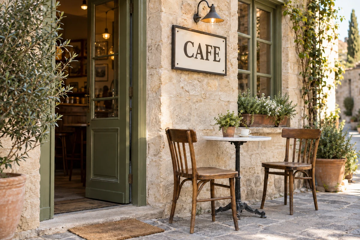 A café with an olive-green door and a physical CAFE sign, after removing the watermark