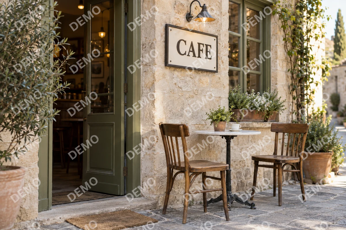 A café with an olive-green door and a physical CAFE sign, with an overlaid watermark