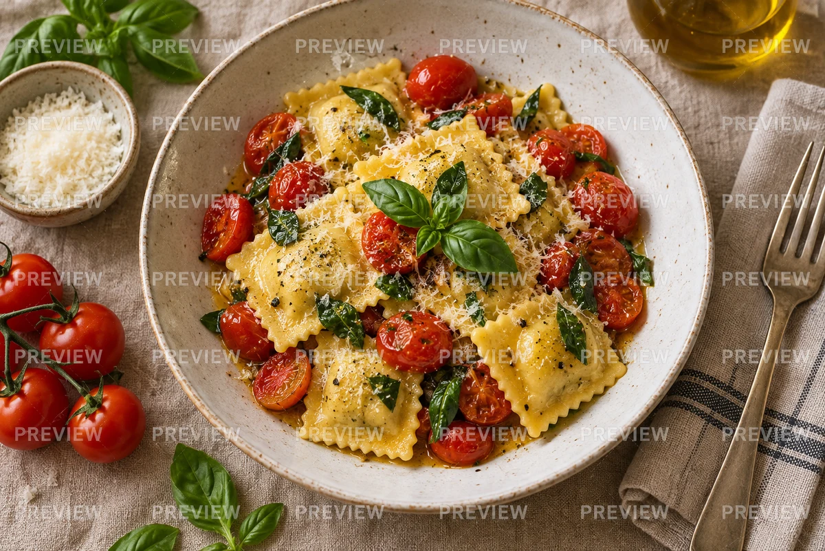 Ravioli with tomatoes and basil on a ceramic plate over warm linen, with an overlaid watermark