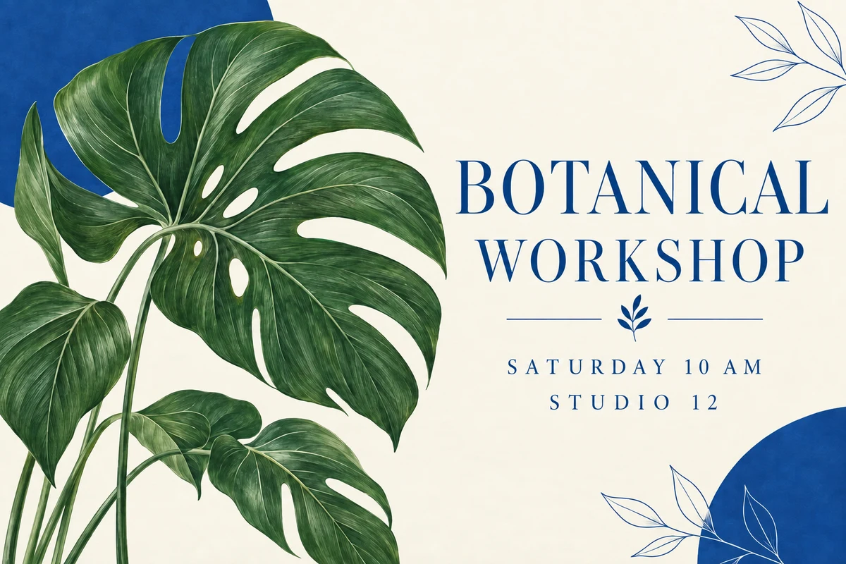 A cream and blue botanical workshop poster with green leaf artwork, after removing the watermark