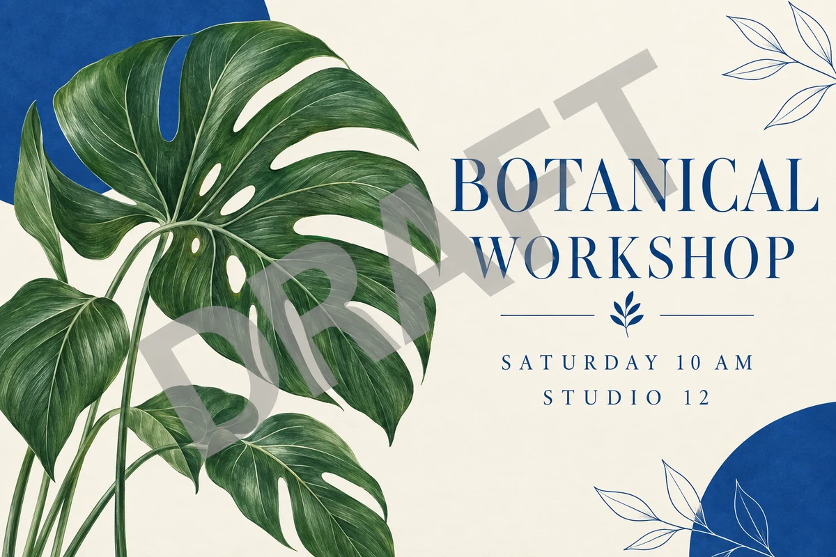 A cream and blue botanical workshop poster with green leaf artwork, with an overlaid watermark