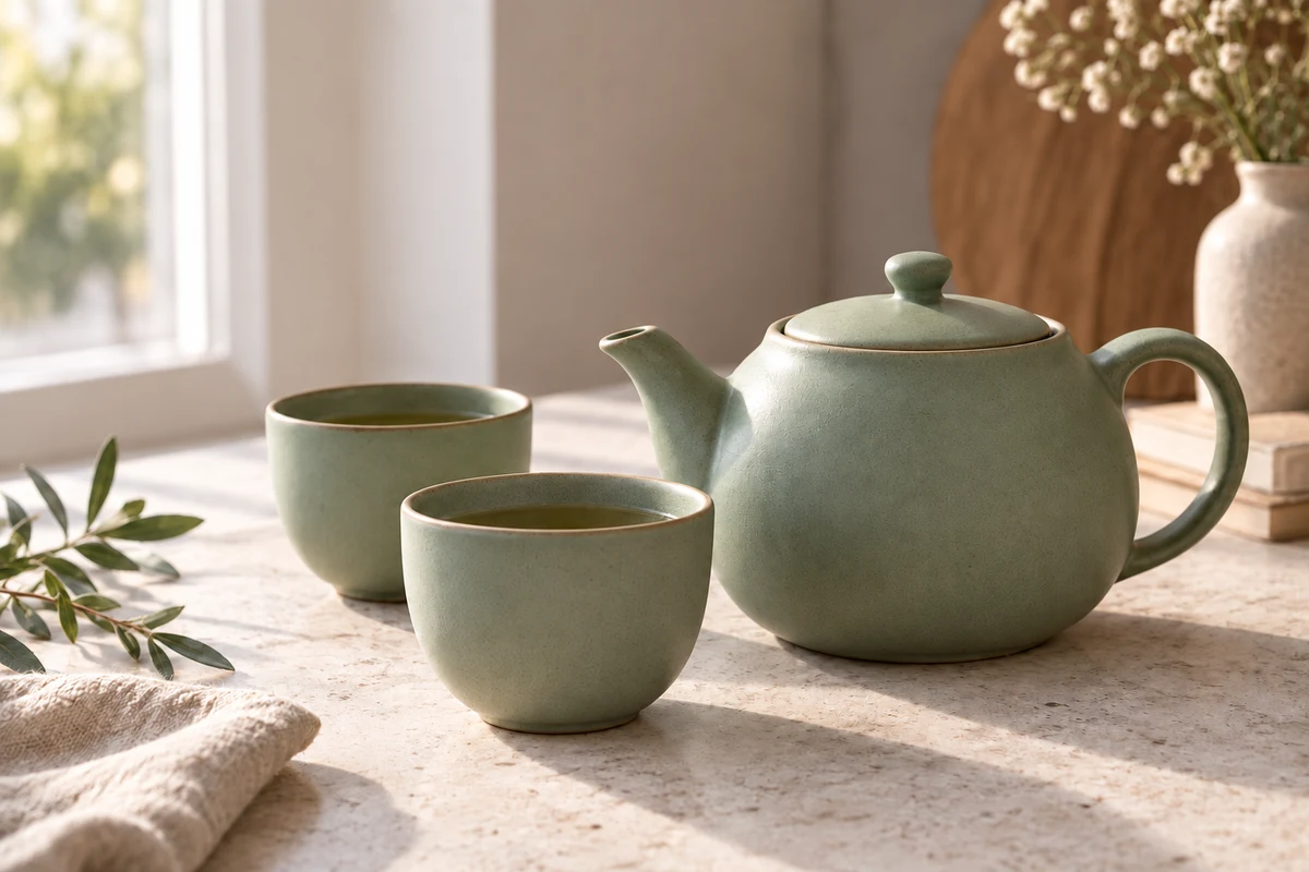 A sage-green ceramic teapot and cups on a stone table, after removing the watermark