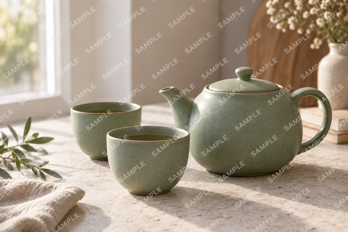A sage-green ceramic teapot and cups on a stone table, with an overlaid watermark