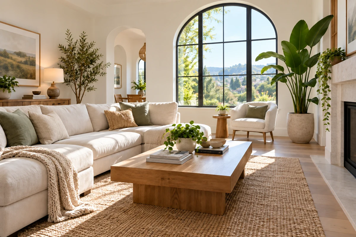 A bright living room with a cream sofa, oak table and arched window, after removing the watermark