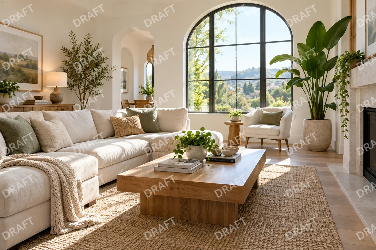 A bright living room with a cream sofa, oak table and arched window, with an overlaid watermark