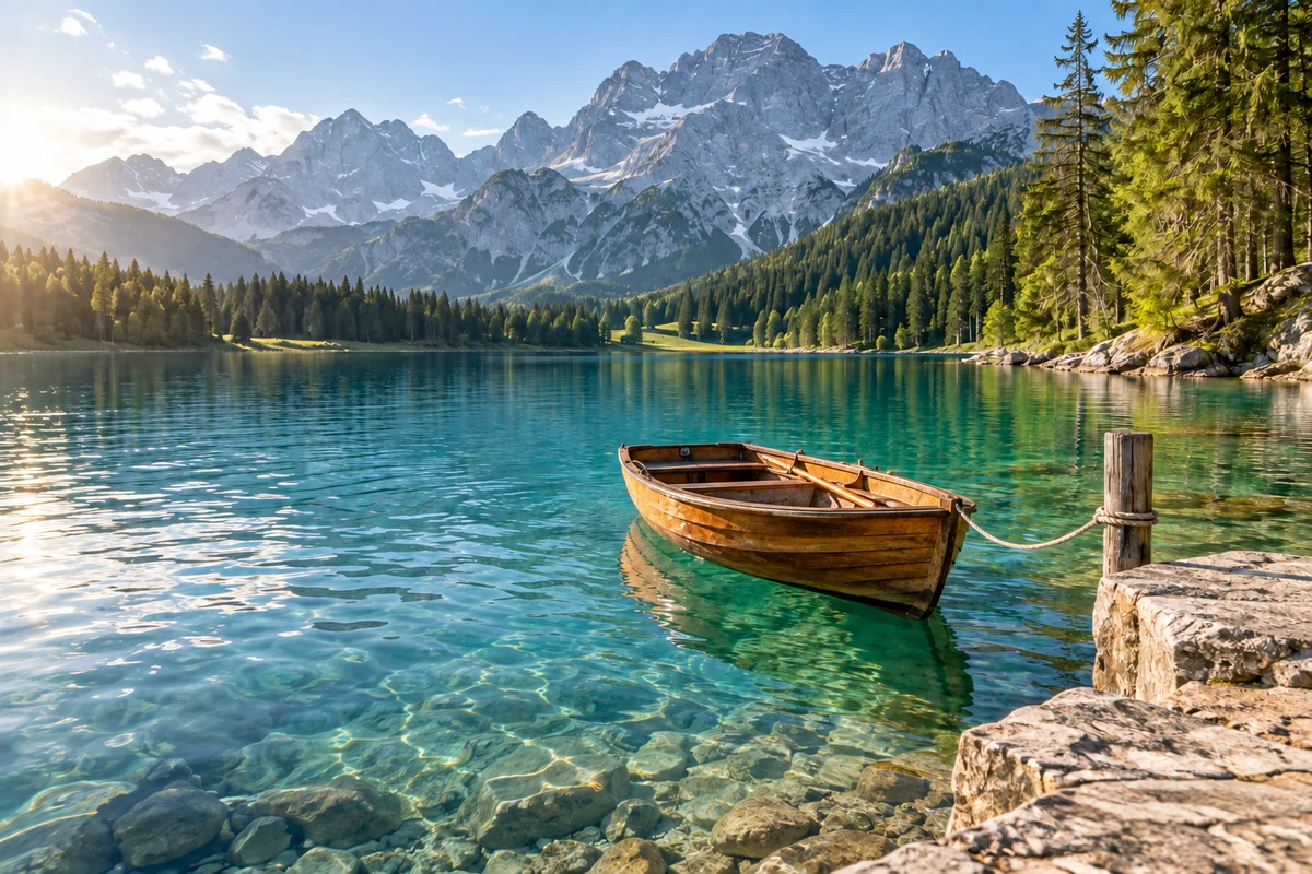 A wooden boat beside a stone landing on an alpine lake, after removing the watermark