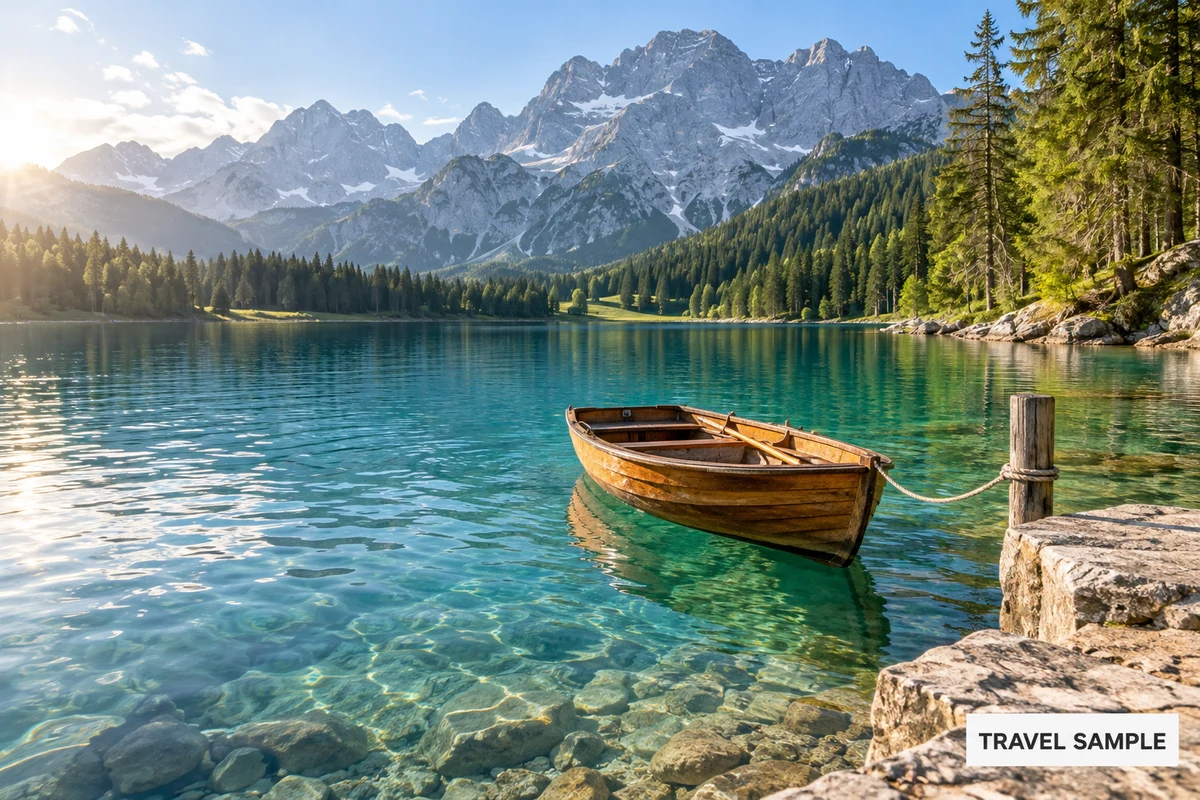 A wooden boat beside a stone landing on an alpine lake, with an overlaid watermark